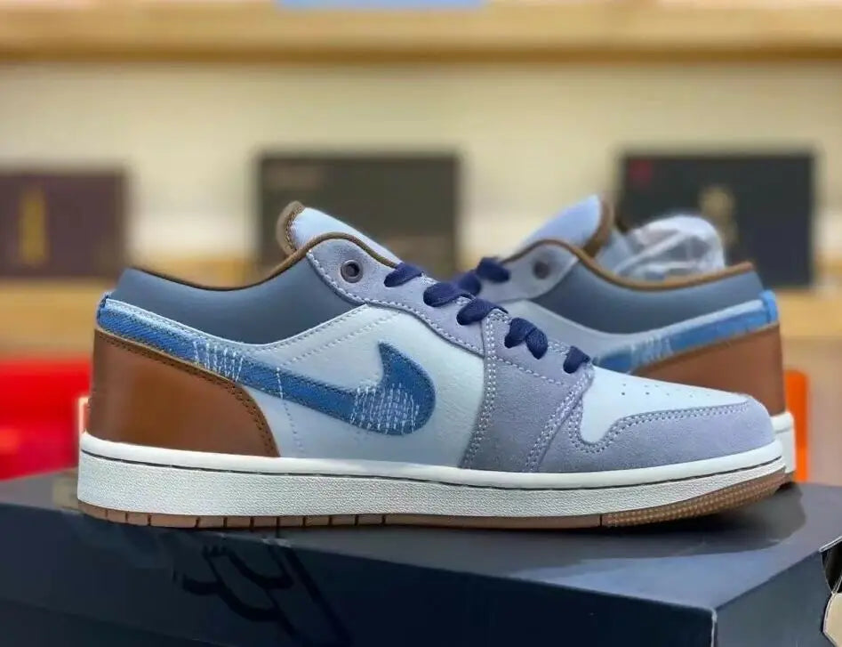 Light blue, brown, dark blue Jordan 1 Low sneakers with white soles, fast shipping