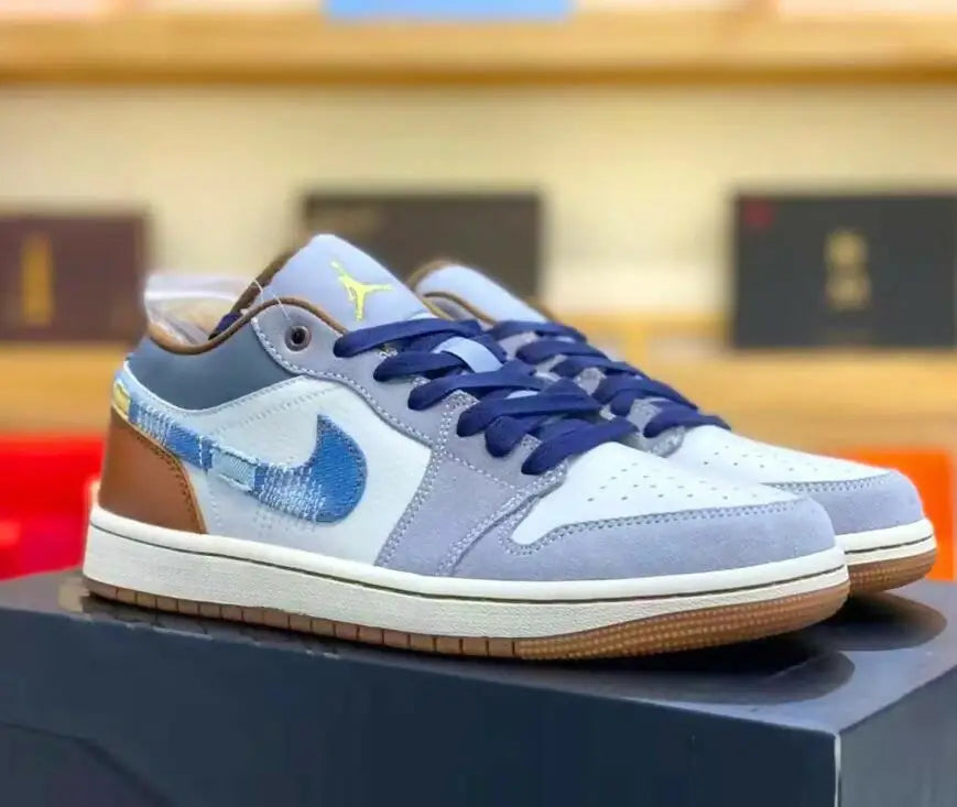 Jordan 1 Low Repaired Denim Swoosh sneakers with plaid side panel and gum sole, fast shipping
