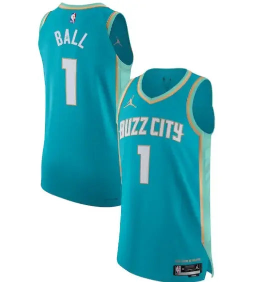 Teal and gold Charlotte Hornets City Edition LaMelo Ball jersey with BALL 1 and BUZZ CITY 1