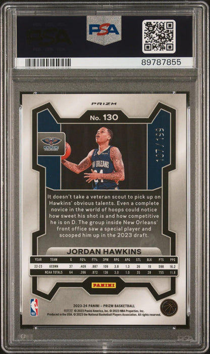 Jordan Hawkins 2023 Prizm Blue Prizm #130 PSA 10 Gem Mint card in protective holder