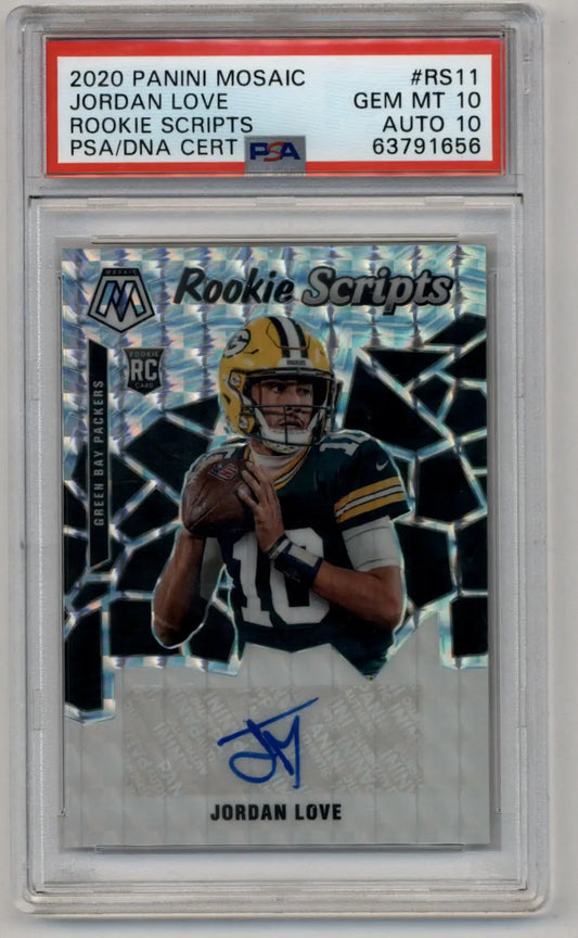 A graded 2020 Panini Mosaic Jordan Love Rookie Scripts Auto football card in PSA 10