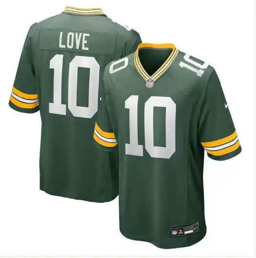 Green Bay Packers Jordan Love Nike Green Game Jersey with LOVE number 10 displayed