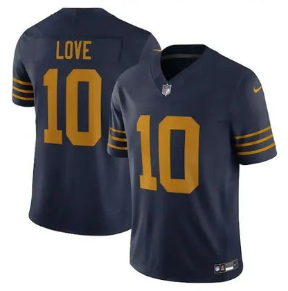 Navy blue Jordan Love Green Bay Packers Nike 1923 Classic Vapor FUSE limited jersey with gold LOVE and 10 lettering