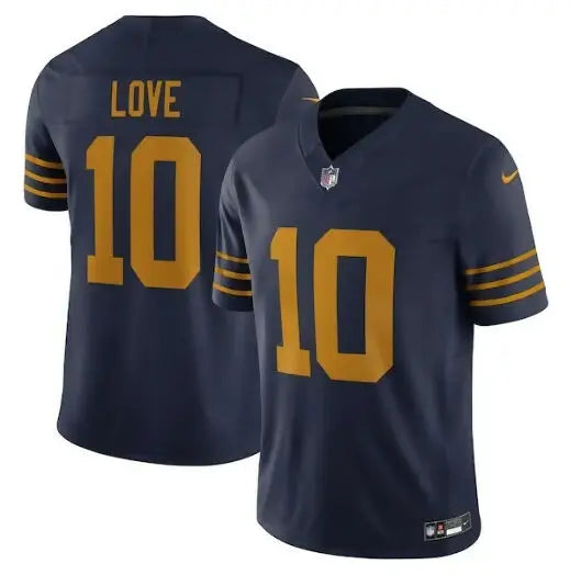 Navy blue Jordan Love Green Bay Packers Nike 1923 Classic Vapor FUSE limited jersey with gold LOVE and 10 lettering