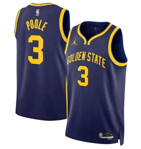 Navy blue Jordan Poole Golden State Warriors Swingman Jersey with gold trim and lettering