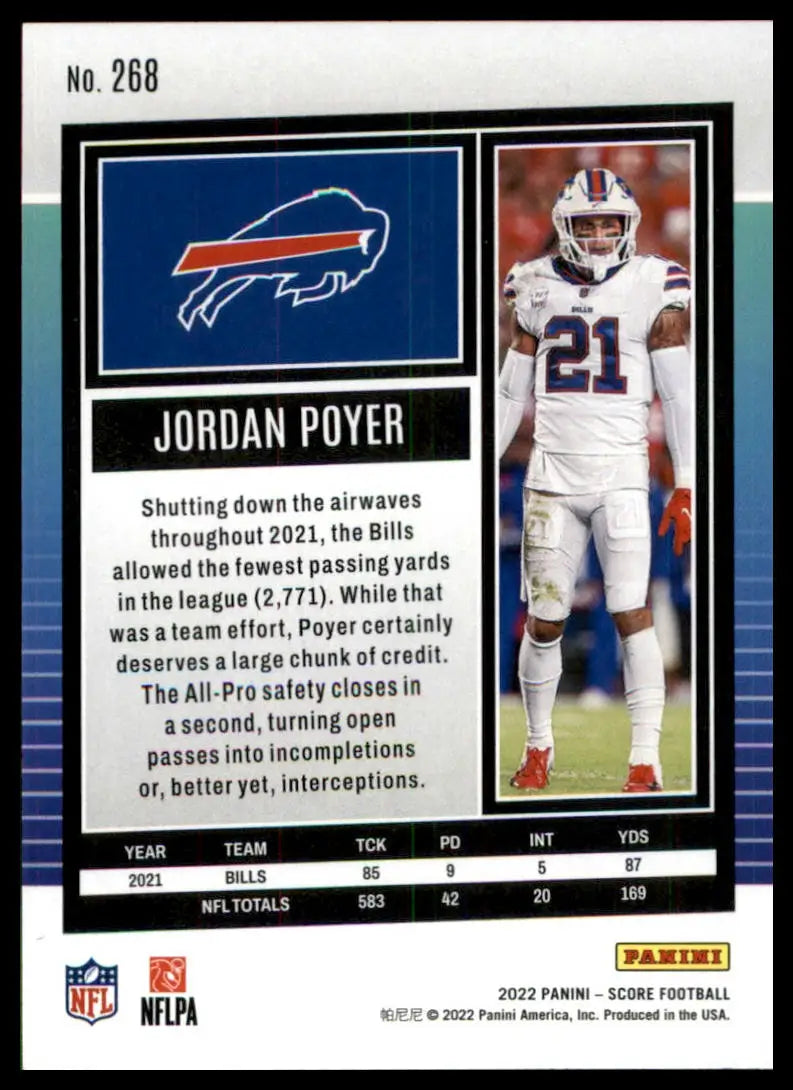 Jordan Poyer football card from 2022 Score series featuring Buffalo Bills player