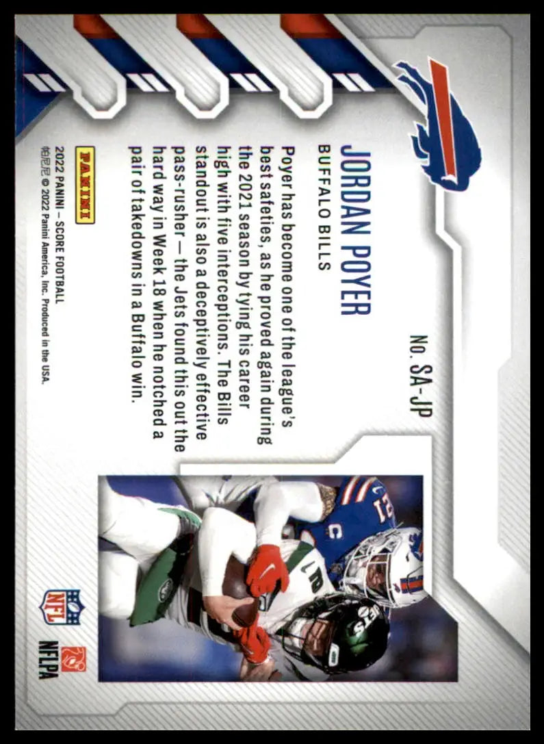 Football card featuring Jordan Poyer from the 2022 Score Sack Attack series
