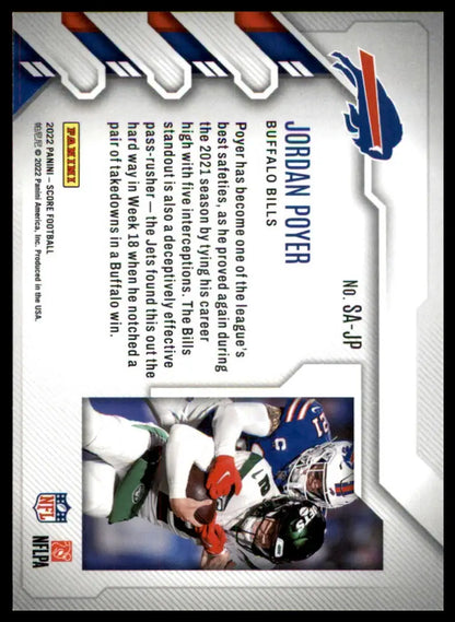 Football card featuring Jordan Poyer from the 2022 Score Sack Attack series