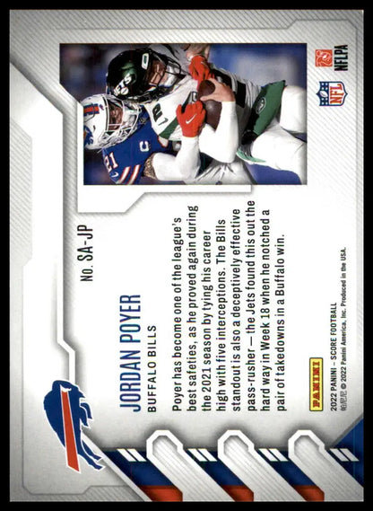 Football card back featuring Jordan Poyer from the 2022 Score Sack Attack series