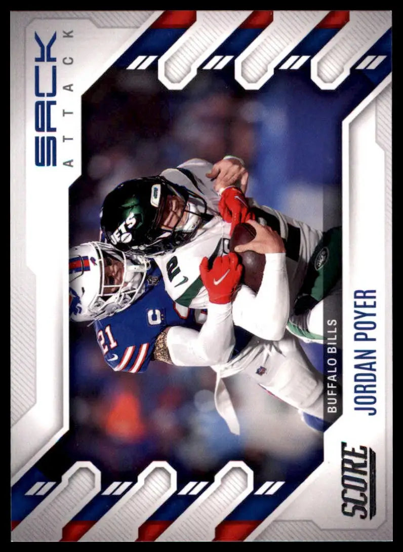 Football trading card featuring Jordan Poyer from the 2022 Score Sack Attack series