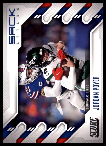 Football trading card featuring Jordan Poyer from the 2022 Score Sack Attack series