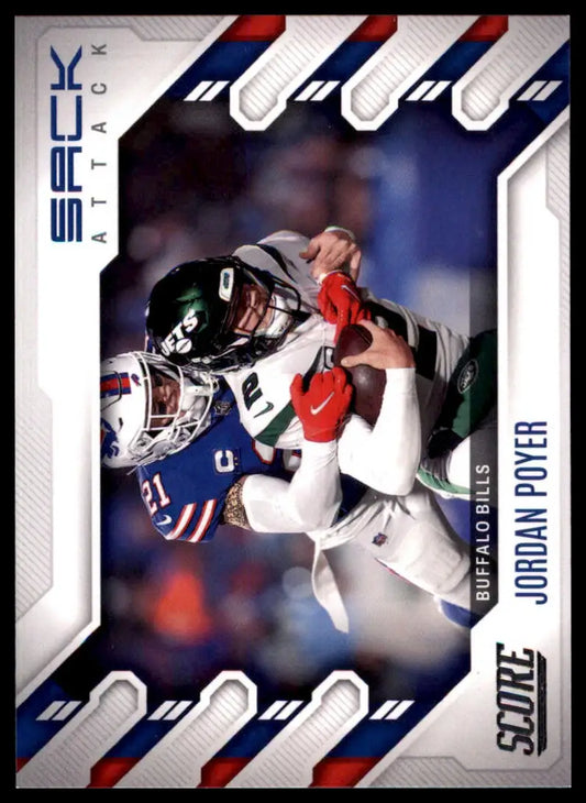Football trading card featuring Jordan Poyer from the 2022 Score Sack Attack series
