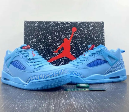 Sky blue Air Jordan 3 Retro sneakers with cement print accents and red details, fast shipping