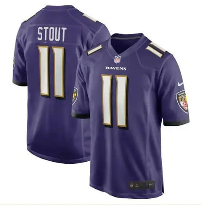 Purple Baltimore Ravens football jersey featuring Jordan Stout Nike Player Game Jersey