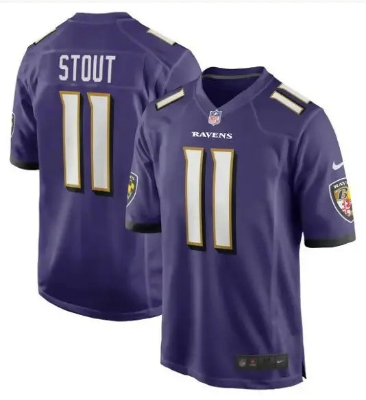 Purple Baltimore Ravens Jordan Stout Nike game jersey with STOUT and number 11 on back