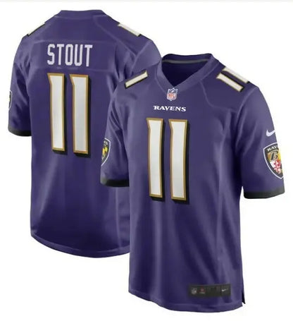 Purple Baltimore Ravens Jordan Stout Nike game jersey with STOUT and number 11 on back