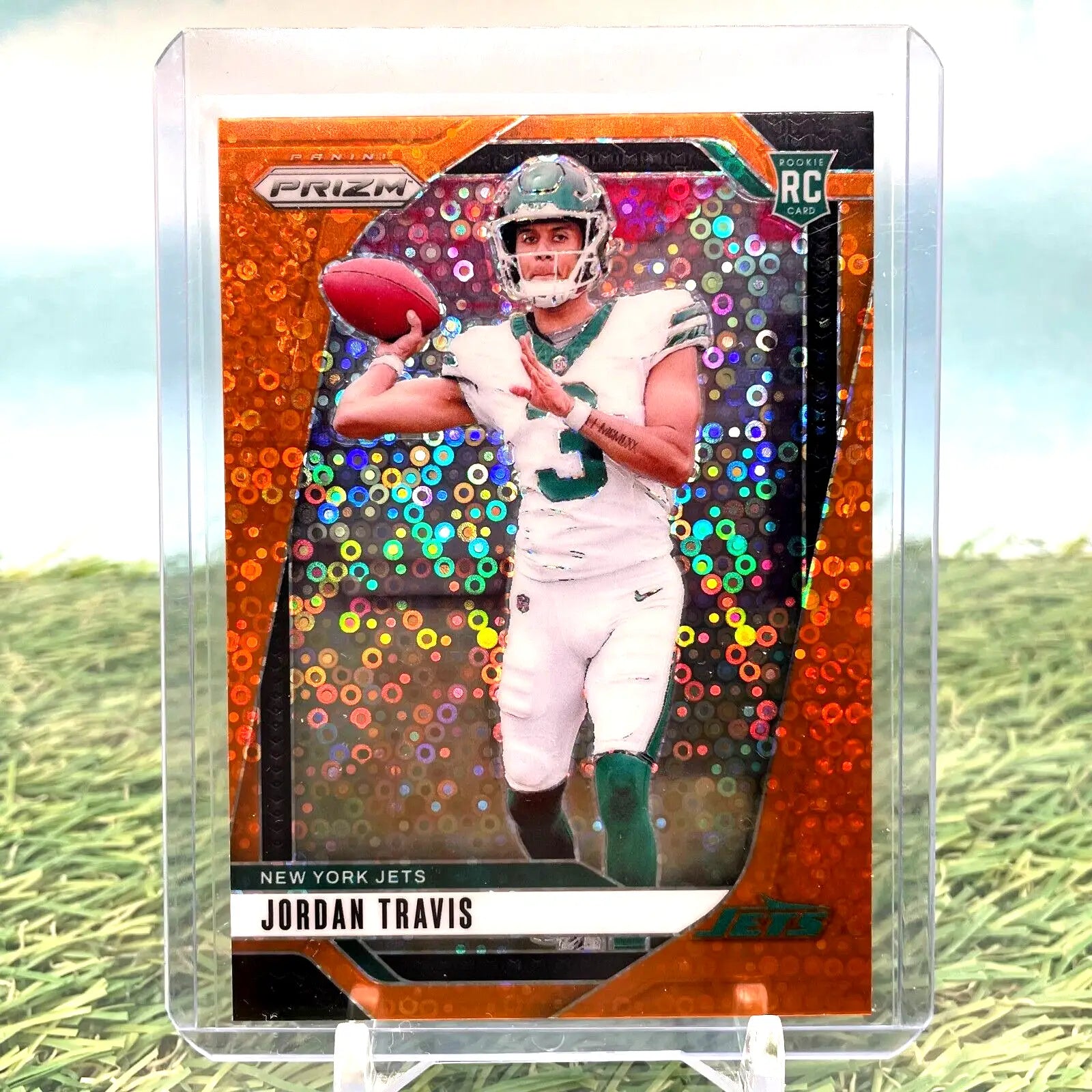 Jordan Travis RC 2024 Panini Prizm Orange Disco card for New York Jets collectors