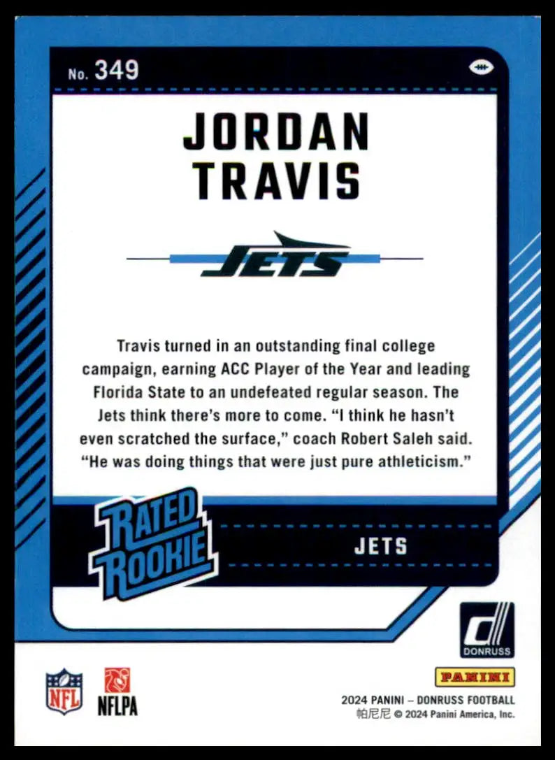 Jordan Travis football card from the 2024 Donruss Rookie series featuring the New York Jets