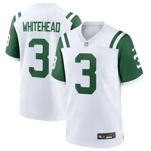 White and green Jordan Whitehead New York Jets Nike Classic Alternate game jersey with number 3