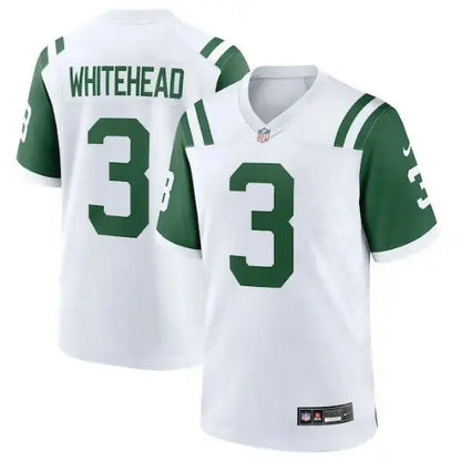 White and green Jordan Whitehead New York Jets Nike Classic Alternate game jersey with number 3