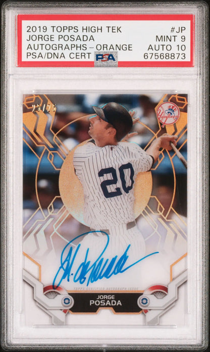 PSA-graded 2018 Topps High Tek Orange Auto #25/25 of New York Yankees player Jorga Posada