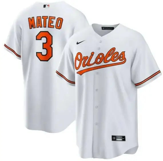 White Orioles baseball jersey featuring Jorge Mateo Nike replica player branding