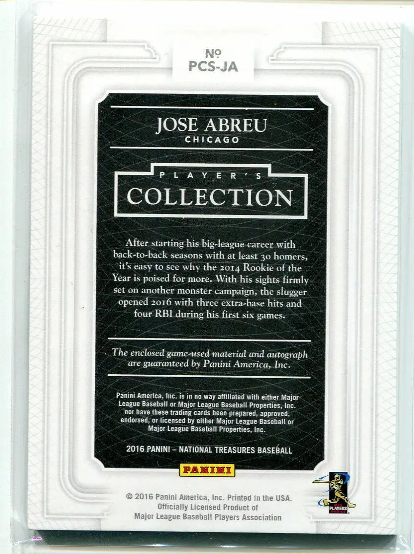 José Abreu National Treasures baseball card featuring triple ball jersey patch auto