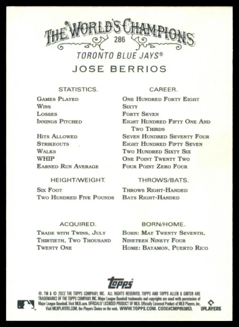 Jose Berrios 2022 Topps Allen Ginter baseball card back image