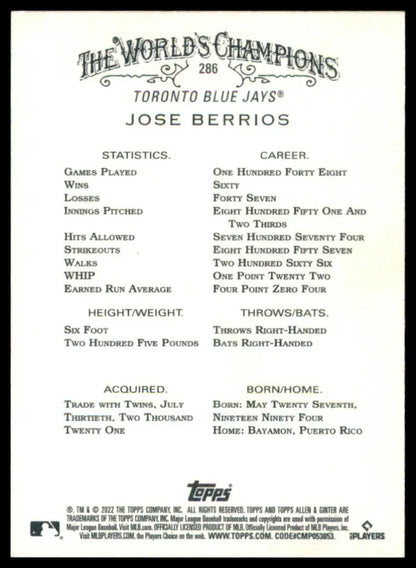 Jose Berrios 2022 Topps Allen Ginter baseball card back image