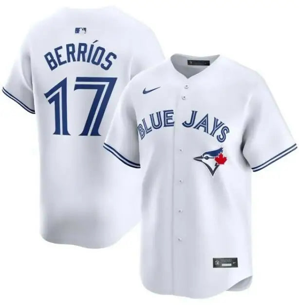 White Toronto Blue Jays Nike home limited player jersey featuring BERRÍOS 17 on the back