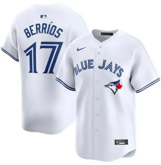 White Toronto Blue Jays Nike home limited player jersey featuring BERRÍOS 17 on the back