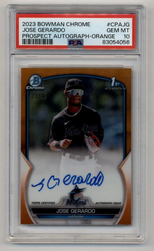 Jose Gerardo 2023 Bowman Chrome Prospects Orange Auto baseball card PSA 10 Gem Mint