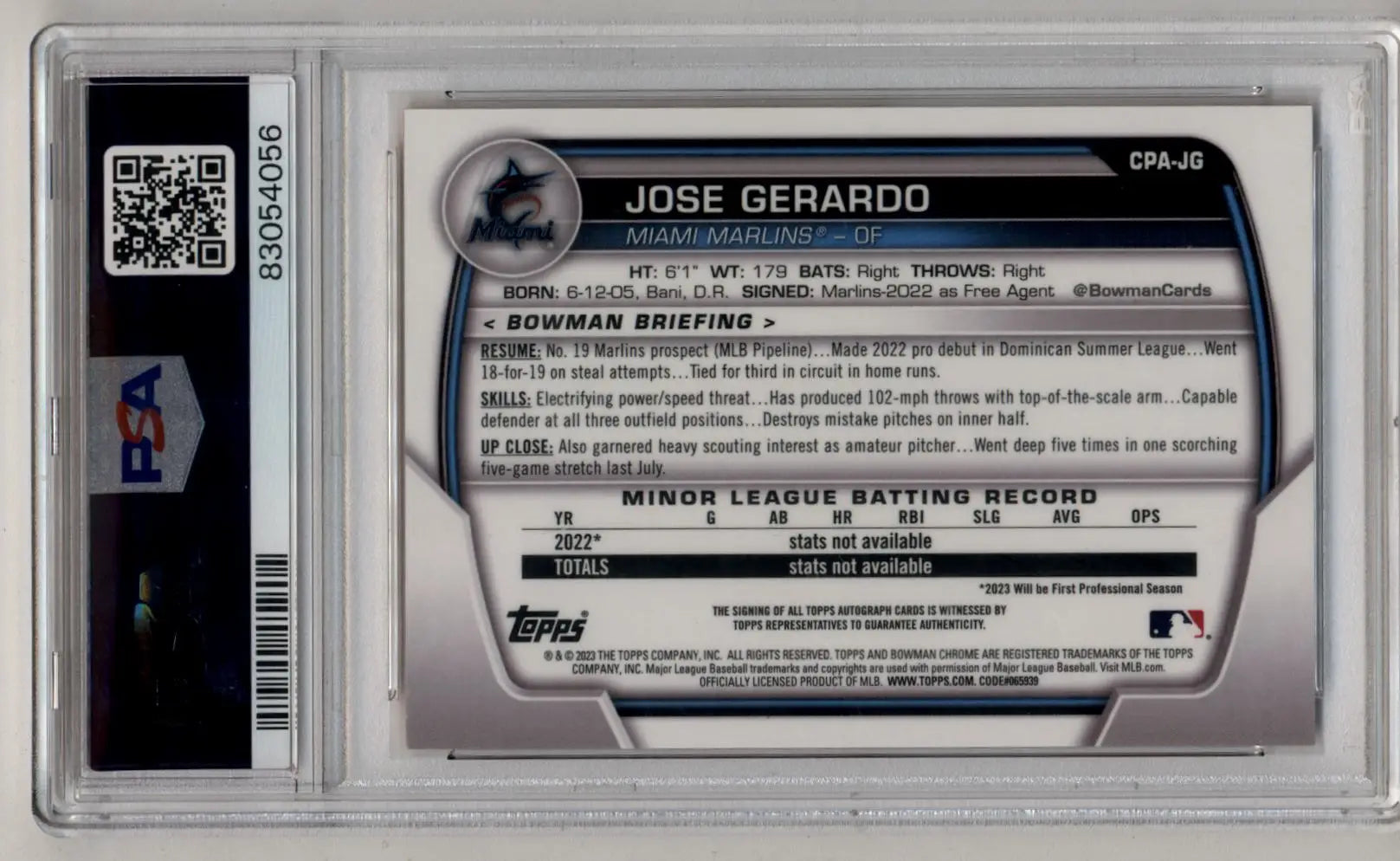 A graded Jose Gerardo baseball card from 2023 Bowman Chrome Prospects Orange Auto 23/25 PSA 10 Gem Mint