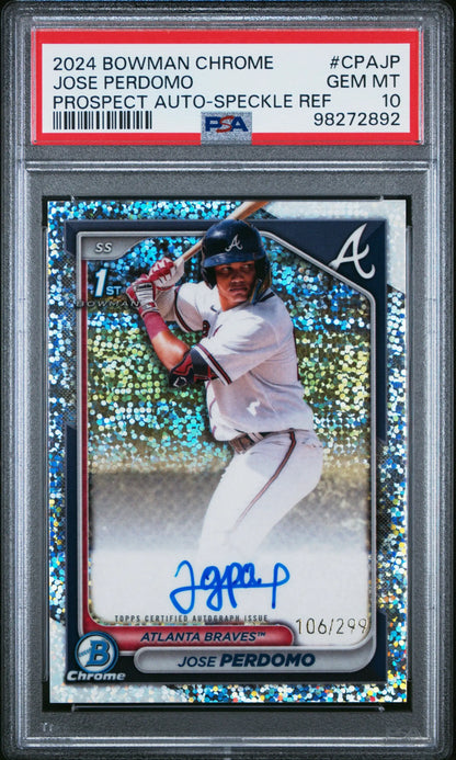 2024 Bowman Chrome Auto Speckle Refractor Jose Perdomo baseball card PSA 10 Gem Mint