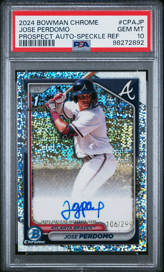 2024 Bowman Chrome Auto Speckle Refractor Jose Perdomo baseball card PSA 10 Gem Mint