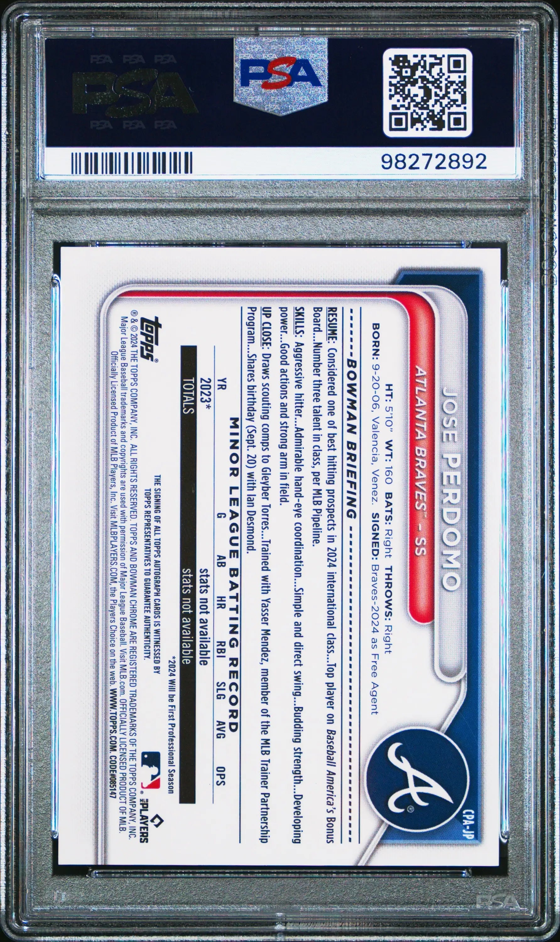 Jose Perdomo Bowman Chrome Auto Speckle Refractor PSA 10 Gem Mint baseball card