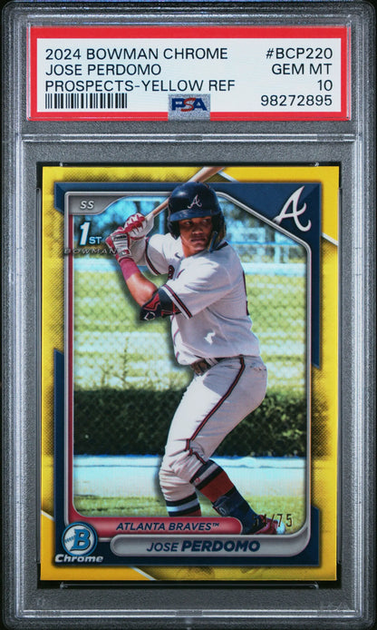 Jose Perdomo 2024 Bowman Chrome Yellow Refractor PSA 10 Gem Mint trading card