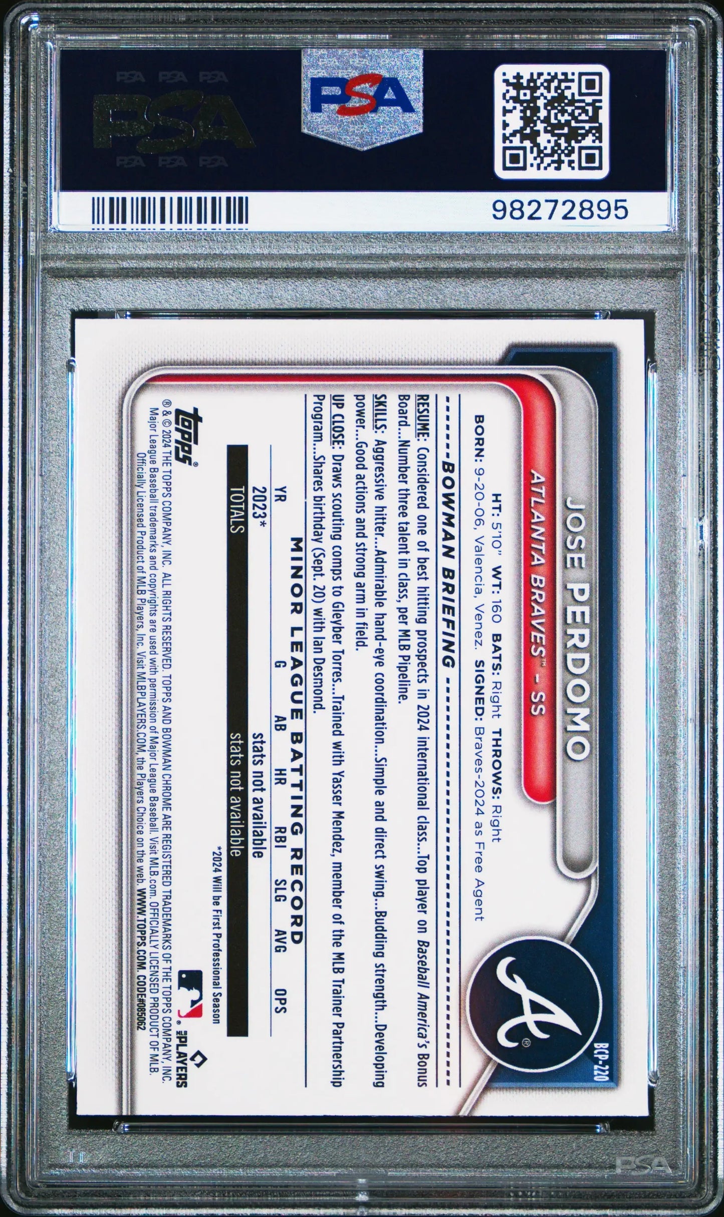 Jose Perdomo 2024 Bowman Chrome Yellow Refractor #54/75 PSA 10 in clear case with QR code