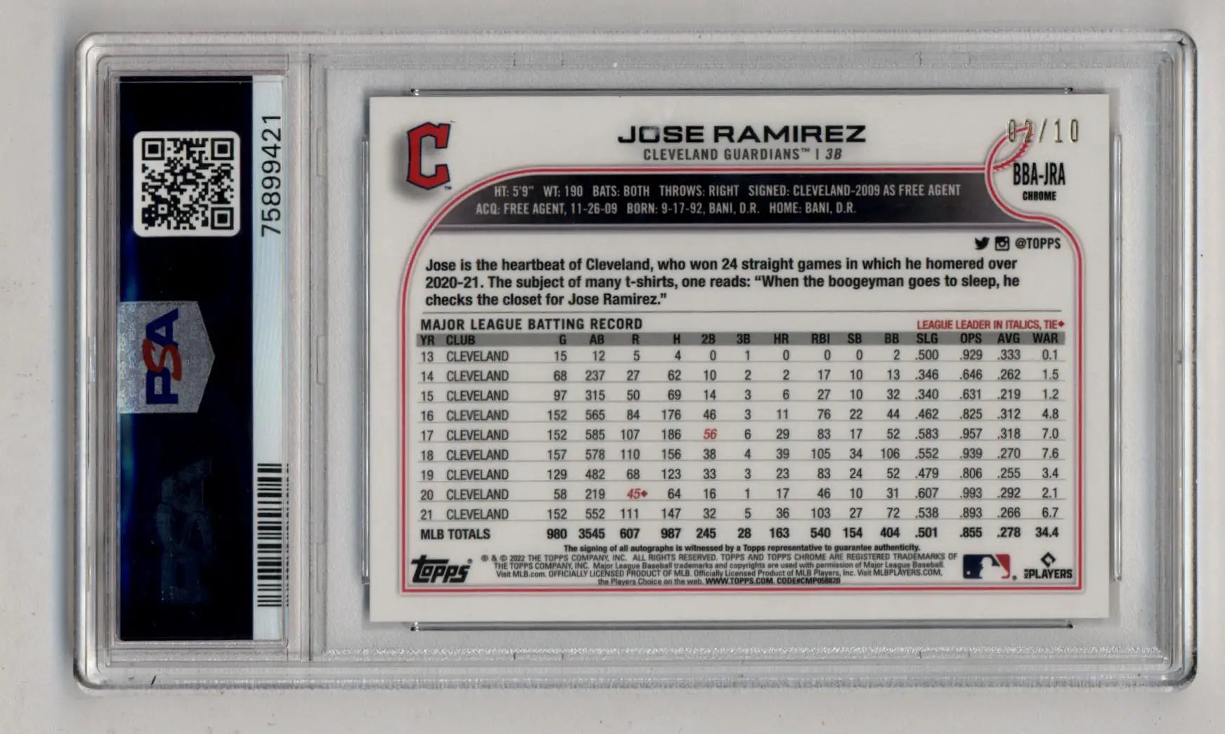 Graded Jose Ramirez baseball card in Rose Gold Ben Baller Chrome Baller Chrome Rose style