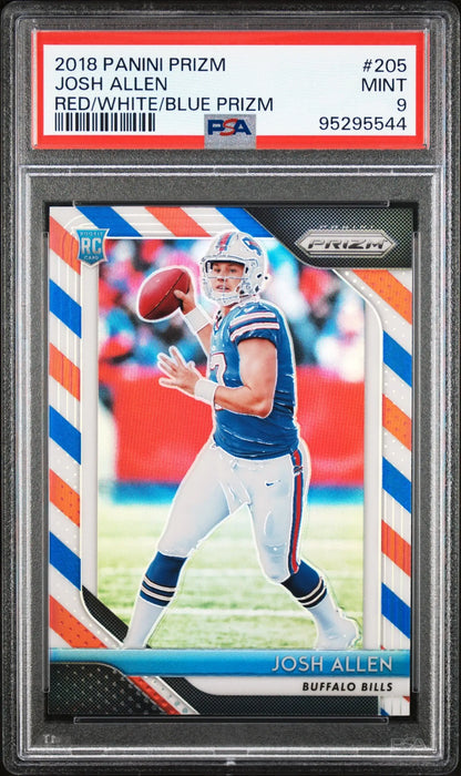 PSA-graded Josh Allen 2018 Panini Prizm Rookie Red White Blue card in throwing pose