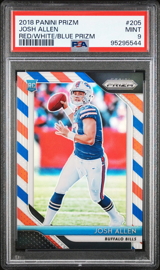 PSA-graded Josh Allen 2018 Panini Prizm Rookie Red White Blue card in throwing pose
