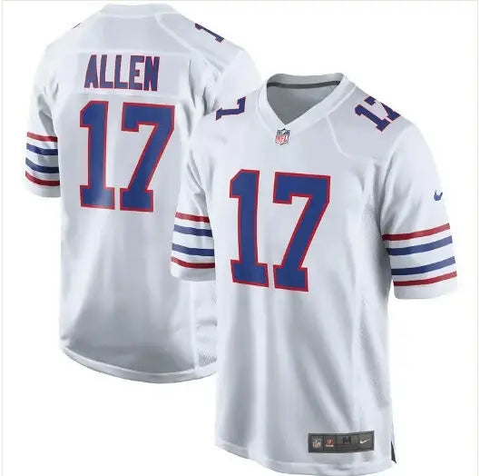 White NFL jersey with blue number 17 and ALLEN on the back, Josh Allen Buffalo Bills Nike jersey