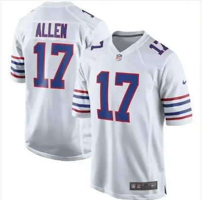 White NFL jersey with blue number 17 and ALLEN on the back, Josh Allen Buffalo Bills Nike jersey