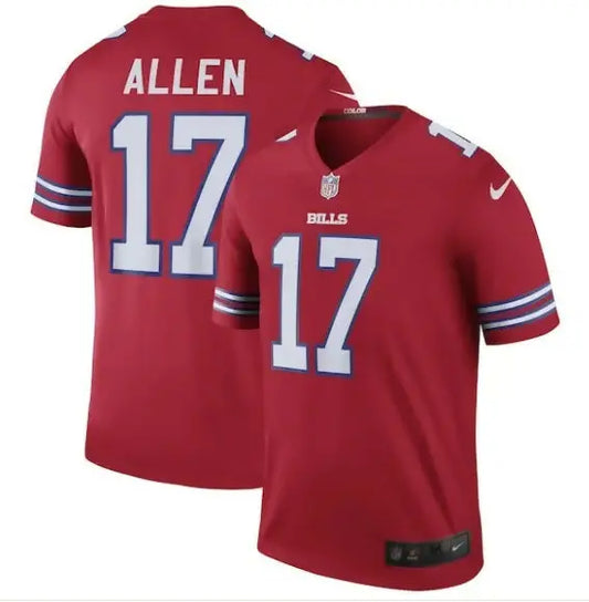 Red short-sleeved Buffalo Bills Josh Allen Nike Legend Jersey with white numbers and lettering