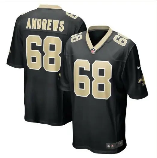 Black and gold New Orleans Saints Nike Game Player Jersey featuring Josh Andrews #68