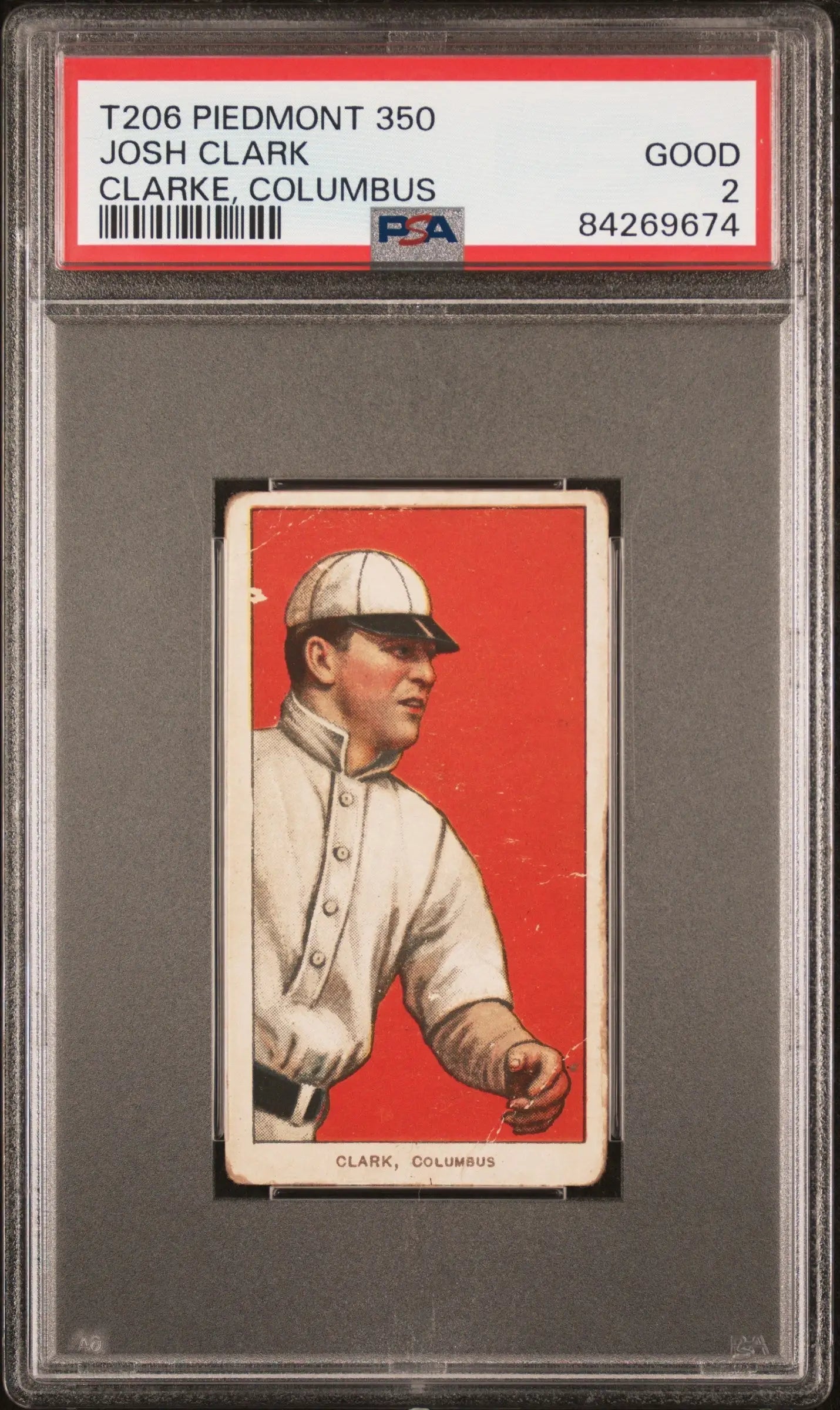 PSA-graded Josh Clark Clarke vintage baseball card in white uniform with red background