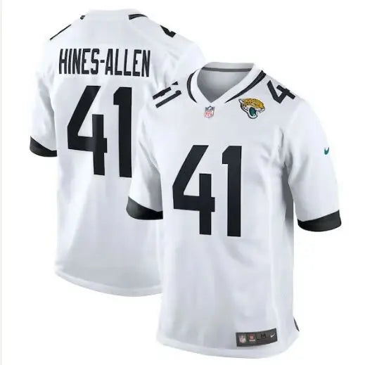 White Jacksonville Jaguars Nike player game jersey with black trim and number 41