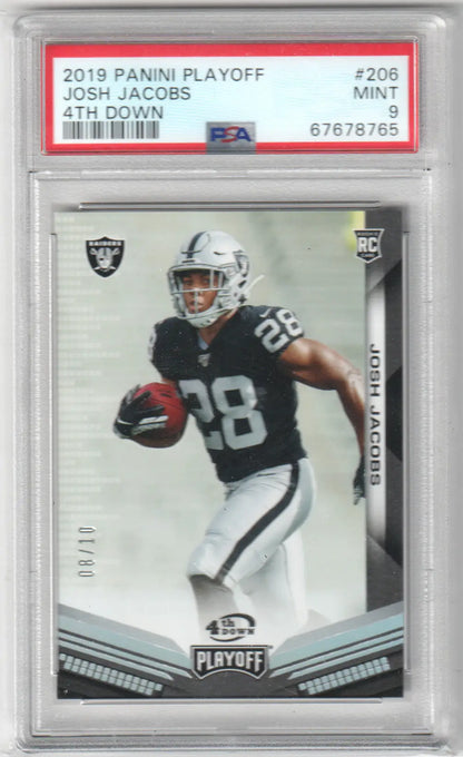 Graded Josh Jacobs 2019 Panini Playoff rookie football card at Columbia Hobby in Mint condition
