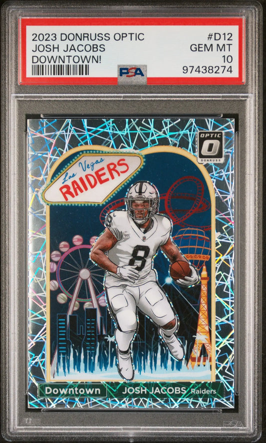 PSA-graded 2023 Donruss Optic Downtown Josh Jacobs football card in Gem Mint condition