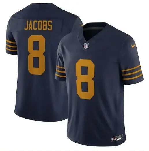 Dark blue football jersey with gold stripes and number 8, Navy Packers Nike jersey